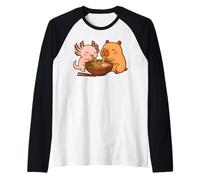 Axolotl and Capybara Eating Ramen Graphic Kawaii Japanese Raglan Baseball Tee