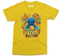 Axolotl Autism Awareness Unisex T-Shirt - Men - M - Yellow- Autism Acceptance Neurodiversity Children Tee - Blue Axolotl Cotton T-Shirt - Autistic Advocate Support Shirt - Autism Month Gifts