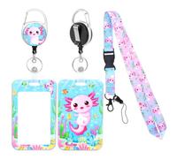Axolotl Badge Holder with Lanyard, ID Card Holder Retractable Badge Reel with Carabiner Clip, ID Card Protector Cute Breakaway Lanyard for Kids Student Teacher Nurse