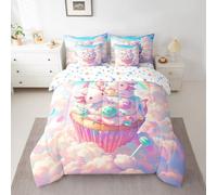 Axolotl Bed In A Bag 7-Piece Kawaii Candy Comforter Set,Pink Cake Dessert Theme Bedding Sets For Girls Home Rainbow Cloud Decor King Fitted Sheet Coastal Animals Comforter With 2 Pillow Cases