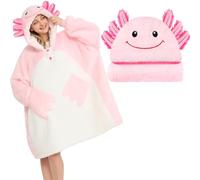 Axolotl Blanket Hoodie for Adults & Kids, Oversized Pullover for Women, Men, and Teens, Pink Wearable Hooded Blanket with Pockets & Sleeves, Warm Cozy Plush & Sherpa Pajamas for Christmas