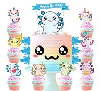 Axolotl Cake Topper Set - 29 Large 3D Birthday Blue Cake Decor & 24 Cupcake Toppers with Glow-in-the-Dark Resin Figures Party Supplies