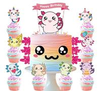 Axolotl Cake Topper Set - 29 Large 3D Birthday Pink Cake Decor & 24 Cupcake Toppers with Glow-in-the-Dark Resin Figures Party Supplies