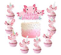 Axolotl Cake Toppers Pink Salamander Happy Birthday Cake Topper Hexagonal Dinosaur Cupcake Toppers Cute Cartoon Newt Cake Decorations Animal Theme Party Decor for Girls Birthday Party Supplies