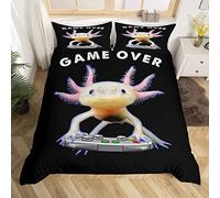 Axolotl Comforter Cover, Cute Axolotl Play Gamer Bedding Set Double For Kids Boys Teens Games Room Decor, Mexican Animal Duvet Cover Aquatic Reptile Axolotl Quilt Cover With 2 Pillow Case, Black