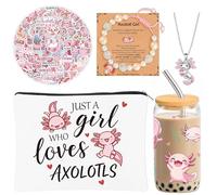 Axolotl Gifts for Girls, Axolotl Stuff Gift Set with Glass Cup, Makeup Bag, Necklace, Bracelet & 100 Stickers, “Just a Girl Who Loves Axolotls” Gifts for Teens, Daughters & Axolotls Lovers Birthday