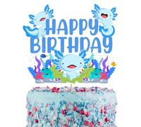 Axolotl Happy Birthday Cake Topper, Blue Aquatic Creature Pretty Hexagonal Dinosaur Cake Decoration Sea fish creatures Boys Girls Kids Themed Birthday Party Supplies