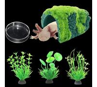 Axolotl Hides for Aquarium with Feeding Dish and Fake Plants Set, Axolotl Cave with Green Plants, Aquarium Decor, Fish Tank Decorations, Turtle Tank Accessories (Cave+Plant+Feeding Dish, L)