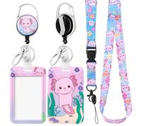 Axolotl Id Badge Holder with Breakaway Lanyard Badge Reel Cute Kawaii Salamander Animal Name Tag Card Case Strap Retractable Reel Clip Back to School Supplies for Kids Students Teachers Doctors Nurses