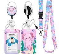Axolotl Id Badge Holder with Breakaway Lanyard Badge Reel Cute Kawaii Salamander Animal Name Tag Card Case Strap Retractable Reel Clip Back to School Supplies for Kids Students Teachers Doctors Nurses