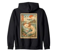 Axolotl Japanese Ukiyo-e Style Mount Fuji Woodblock Art Zip Hoodie