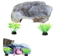 Axolotl Tank Hideout Cave Set with Plastic Tree and Fake Water Plants - Aquarium Accessories for Turtle and Fish (Stone, M)