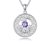 AXOMY Scottish Thistle Necklace 925 Sterling Silver Amethyst Scottish Celtic Knot Pendant Necklaces Scottish Thistle Jewelry Scotland Gifts for Women Girls