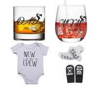 axqania Pregnancy Gifts for New Moms - 11oz Whiskey Glass Gift Set with Romper (0-3 Months) and Baby Socks - Best New Parent Gifts for Mom and