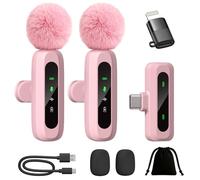 AXUAXU Upgraded Mini Microphone for iPhone Android/iPad PC with LED Display, Wireless Clip-On Mics, USB C Lavalier Microphone with Noise Cancelling (for Lightning-USB-C Port, Pink)