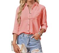 AXUIOKRY Cotton Button Down Shirts Women V Neck Long/Roll Up Sleeve Gauze Texture Casual Tops with Pocket, Peach, L