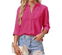 AXUIOKRY Cotton Button Down Shirts Women V Neck Long/Roll Up Sleeve Gauze Texture Casual Tops with Pocket, Hot Pink, S