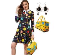 AXUIOKRY Ms Frizzle Costume Magic School Bus Women Science Black Planet School Teacher Dress Space Galaxy Costume AX08-1-M