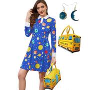 AXUIOKRY Womens 3pcs Halloween Costume Long Sleeve Peter Pan Collar Dress, Blue Planet Yellow Bus, S