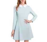 AXUIOKRY Womens Long Sleeve Peter Pan Collar Cute Fit and Flare Aline Dress, Light Blue, M