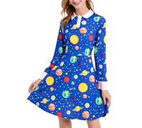 AXUIOKRY Womens Long Sleeve Peter Pan Collar Fit and Flare above Knee Aline Halloween Dress, Blue Planet, XS