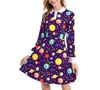 AXUIOKRY Womens Long Sleeve Peter Pan Collar Fit and Flare Above Knee Aline Halloween Dress, Purple Planet, XL