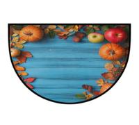 Axurera Half Round Area Rug,Autumn Fall Pumpkin Leaf On Blue Wooden Washable Semi Circle Front Door Mat for Indoor Entrance Bathroom Bedroom,Non-Slip Doormat,36x24IN