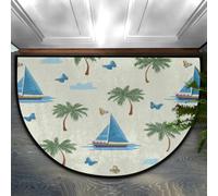Axurera Half Round Area Rug,Cartoon Summer Beach Sailboats Palm Trees Washable Semi Circle Front Door Mat for Indoor Entrance Bathroom Bedroom,Non-Slip Doormat,36x24IN