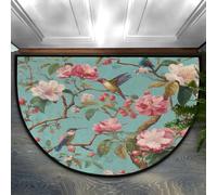 Axurera Half Round Area Rug,Chinoiserie Pink Flower Branches Birds On Turquoise Washable Semi Circle Front Door Mat for Indoor Entrance Bathroom Bedroom,Non-Slip Doormat,91x61CM