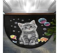Axurera Half Round Area Rug,Cute Tabby Kitten Cat Fish On Black Washable Semi Circle Front Door Mat for Indoor Entrance Bathroom Bedroom,Non-Slip Doormat,91x61CM