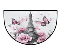 Axurera Half Round Area Rug,Eiffel Tower Pink Rose Floral Butterfly Washable Semi Circle Front Door Mat for Indoor Entrance Bathroom Bedroom,Non-Slip Doormat,36x24IN