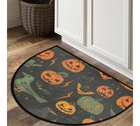 Axurera Half Round Area Rug,Halloween Pumpkin Ghost Face Crow On Black Washable Semi Circle Front Door Mat for Indoor Entrance Bathroom Bedroom,Non-Slip Doormat,36x24IN