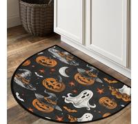 Axurera Half Round Area Rug,Halloween Pumpkin Ghost Face On Black Washable Semi Circle Front Door Mat for Indoor Entrance Bathroom Bedroom,Non-Slip Doormat,36x24IN