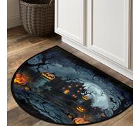 Axurera Half Round Area Rug,Halloween Tombstone Haunted House Pumpkin Washable Semi Circle Front Door Mat for Indoor Entrance Bathroom Bedroom,Non-Slip Doormat,36x24IN