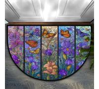 Axurera Half Round Area Rug,Stained Glass Iris Blue Flower Butterfly Washable Semi Circle Front Door Mat for Indoor Entrance Bathroom Bedroom,Non-Slip Doormat,36x24IN