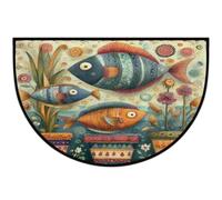 Axurera Half Round Area Rug,Vintage Cartoon Boho Fish Floral Washable Semi Circle Front Door Mat for Indoor Entrance Bathroom Bedroom,Non-Slip Doormat,36x24IN