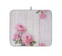Axurera Pink Rose Floral On Wooden Board Dish Drying Mat for Kitchen Counter,Absorbent Dishes Drainer Mats Washable Dish Drying Pad for Worktop Draining Racks,46x41cm