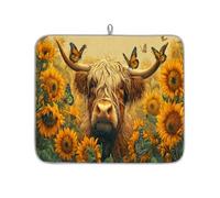 Axurera Vintage Highland Cow Sunflowers Butterflies Artwork Dish Drying Mat for Kitchen Counter,Absorbent Dishes Drainer Mats Washable Dish Drying Pad for Worktop Draining Racks,46x41cm