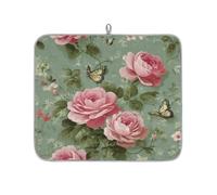 Axurera Vintage Pink Rose Flowers Dish Drying Mat for Kitchen Counter,Absorbent Dishes Drainer Mats Washable Dish Drying Pad for Worktop Draining Racks,46x41cm