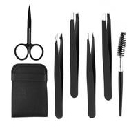AXVOOMA 6 Pieces Eyebrow Tweezers Set, Black Stainless Steel Precision Tweezers Professional Slanted and Pointed Tweezers for Facial Hair Women Men for Ingrown Hair Removal with Leather Pouch