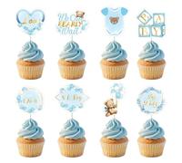 Axvxby Pack of 48 Baby Boy Cupcake Toppers Baby Shower Decoration Boy Blue Gender Reveal Topper Decoration Baby Shower Christening Cake Decoration Muffin Decoration for Baby Shower