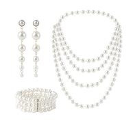 Axvxby Vintage Imitation Beads Set of 3 Beads Accessories with Pearl Necklace 3 Rows Stretch Bracelet 1920s Accessories for Party Wedding Prom Festival