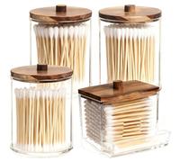 AXX Qtip Dispenser Apothecary Jars Bathroom - Qtip Holder Storage Canister Clear Plastic Jar for Cotton Swab,Q-Tips,Cotton Rounds (E#Brown 4Pcs)