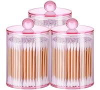 AXX Qtip Dispenser Apothecary Jars Bathroom - Qtip Holder Storage Canister Clear Plastic Jar for Cotton Swab,Q-Tips,Cotton Rounds (Pink 3Pcs)