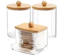 AXX Qtip Dispenser Apothecary Jars Bathroom - Qtip Holder Storage Canister Clear Plastic Jar for Cotton Swab,Q-Tips,Cotton Rounds (D#Bamboo 3Pcs)