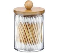AXX Qtip Dispenser Apothecary Jars Bathroom - Qtip Holder Storage Canister Clear Plastic Jar for Cotton Swab,Q-Tips,Cotton Rounds (Bamboo 1Pcs)