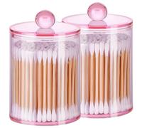 AXX Qtip Dispenser Apothecary Jars Bathroom - Qtip Holder Storage Canister Clear Plastic Jar for Cotton Swab,Q-Tips,Cotton Rounds (Pink 2Pcs)