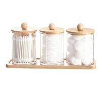 AXX Qtip Dispenser Apothecary Jars Bathroom - Qtip Holder Storage Canister Clear Plastic Jar for Cotton Swab,Q-Tips,Cotton Rounds (L#Bamboo 4Pcs)