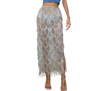AXX Women's Sequin Fringe Midi Skirt - Sheer Mesh Sparkly Tassel Skirt with Side Slit, Elastic Waist Glitter Party Club, Grey, S
