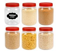 AXXTAN 6 x 1000ml Plastic Storage Jars with Red Lids, Clear Round Plastic Jars Wide Mouth Plastic Container for Food, Grain, Spice & Candy
